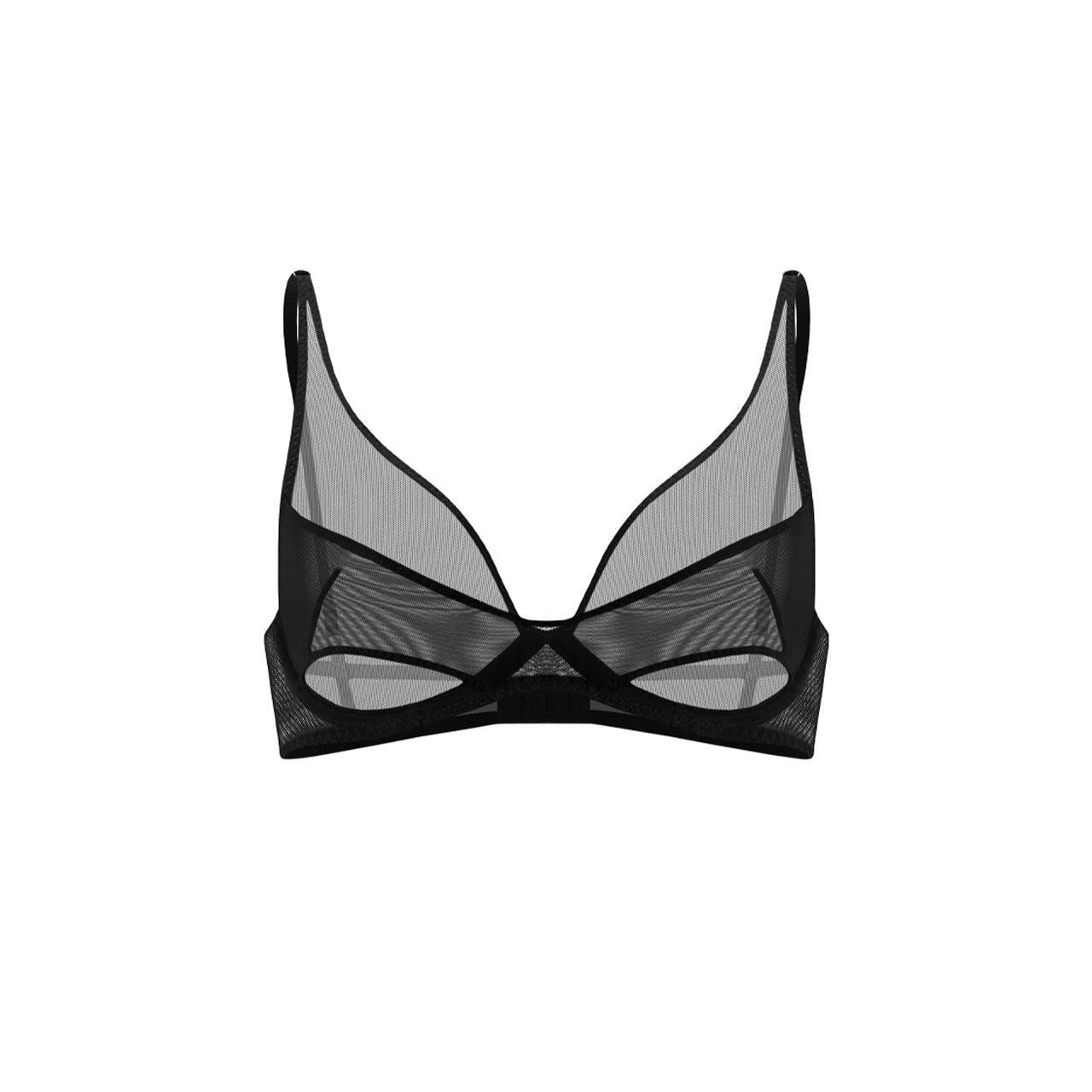 Biustonosz o trójkątnym kształcie miseczki z fiszbinami, wykonany z elastycznego tiulu/siatki. Jest wygodny i lekki, dopasowuje się do kształtu ciała, co zapewnia komfort noszenia. Kolor czarny